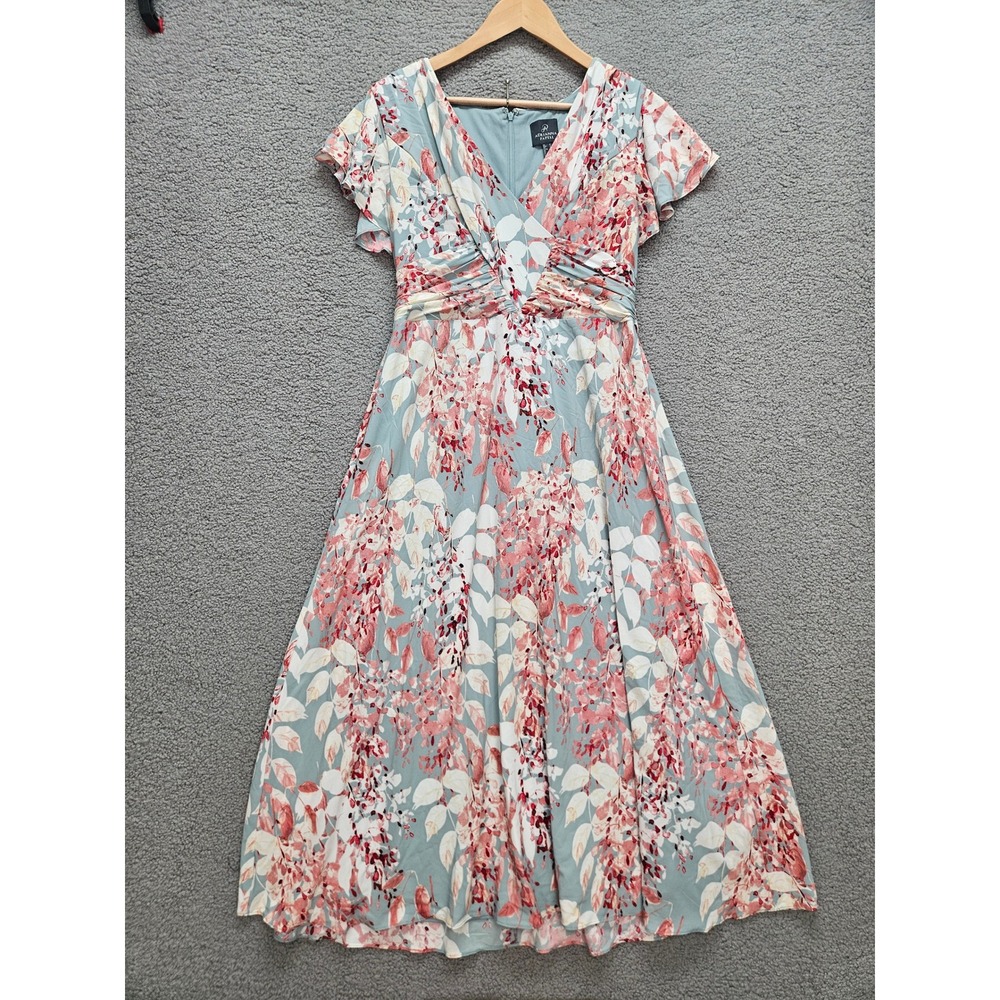 Adrianna Papell Floral Midi Dress 12 Blue Pink Flutter Sleeve Ruched Romantic